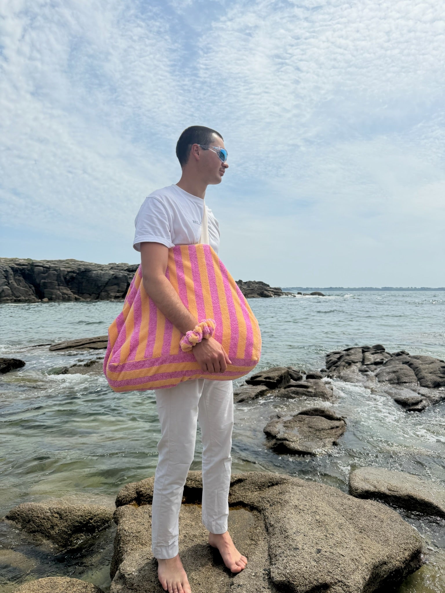 Sac de plage en éponge - Rayure Sorbet Pêche / Framboise